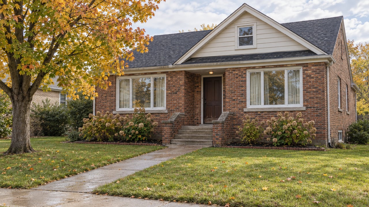 Brick bungalow with a deep front lawn, damp concrete walk, and a mature maple turning yellow and orange.