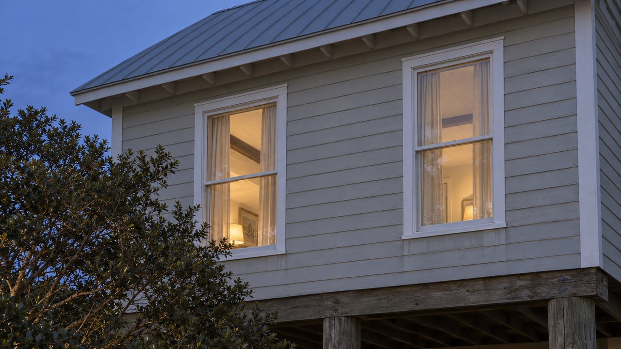 Warm light glows through two windows of an elevated gray-sided home beneath a metal gable roof at blue hour.