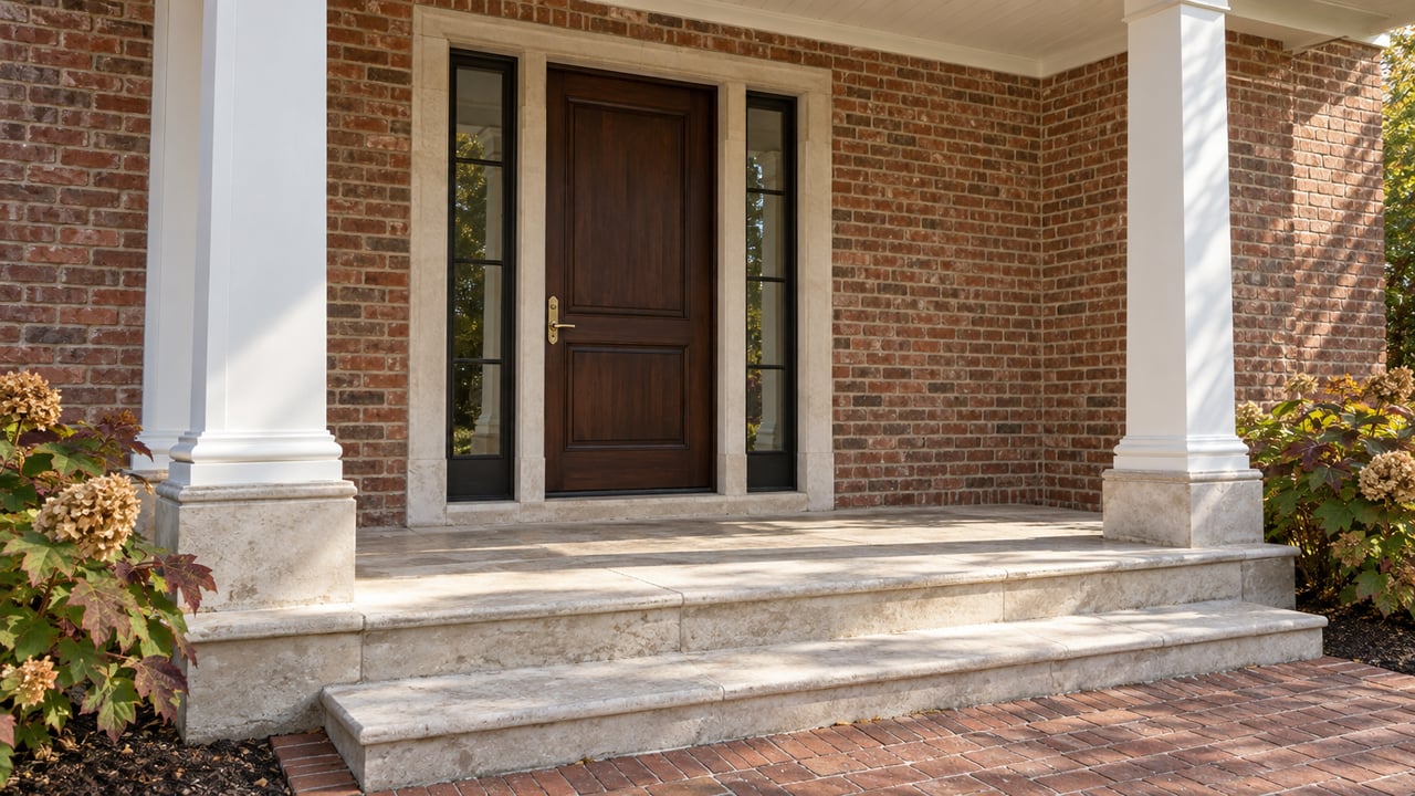 Brick home entrance with a dark wood door, white columns, and broad stone steps.