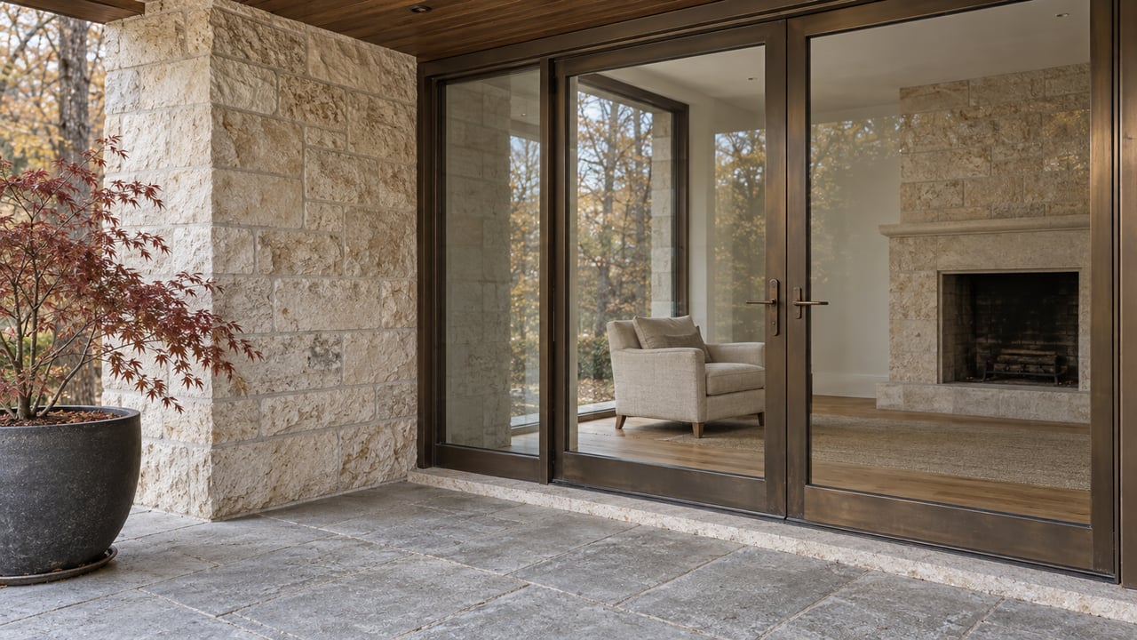 Covered limestone terrace with an oak soffit, bronze-framed glass doorway and a potted copper-leaf Japanese maple beside a warmly finished sitting room.