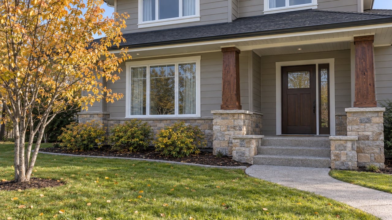Autumn lawn and a curved concrete walk lead to a detached home with gray siding, a stone porch base and timber posts.