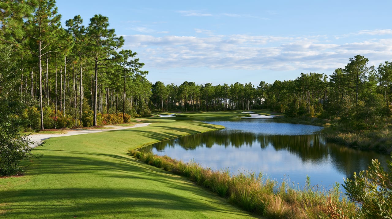 Golf course fairway bordered by pine trees and a pond.
