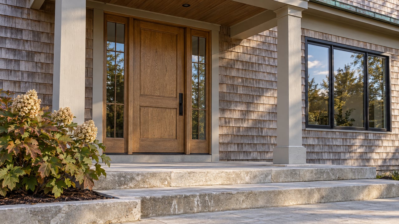 Cedar-shingled home entry with an oak door, paired glass sidelights, limestone steps and an oakleaf hydrangea.