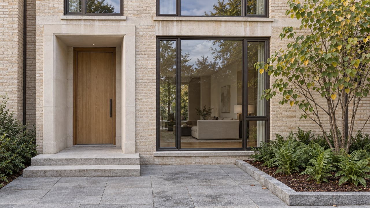 Pale brick urban residence with bronze-framed windows, an oak entrance door, limestone steps and a redbud beside a granite forecourt.