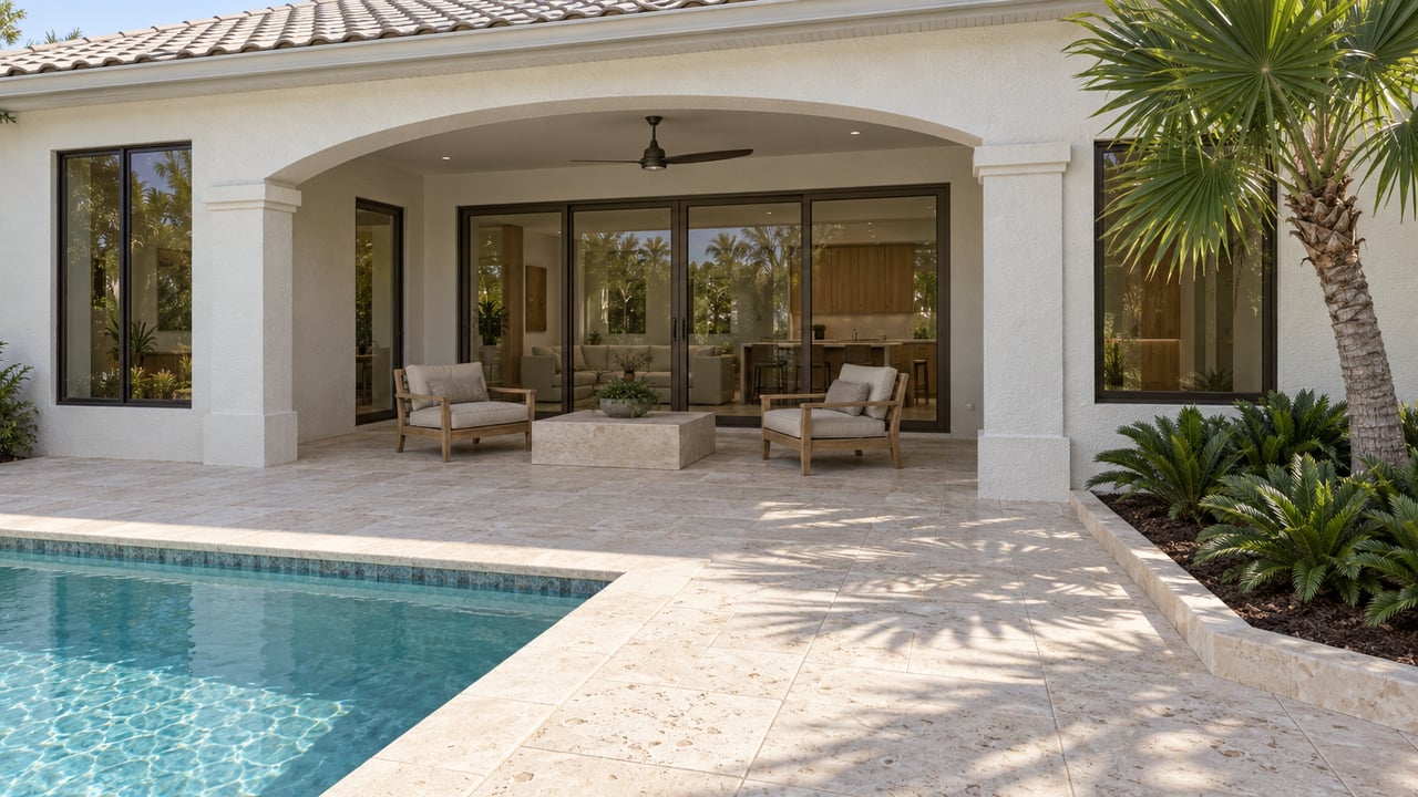 Sunlit shell-stone pool terrace beside a white stucco home, with an arched lanai, teak seating and a fan palm.