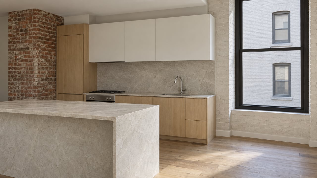 Compact condo kitchen with light oak cabinets, a limestone island, and a window beside an aged brick pier.
