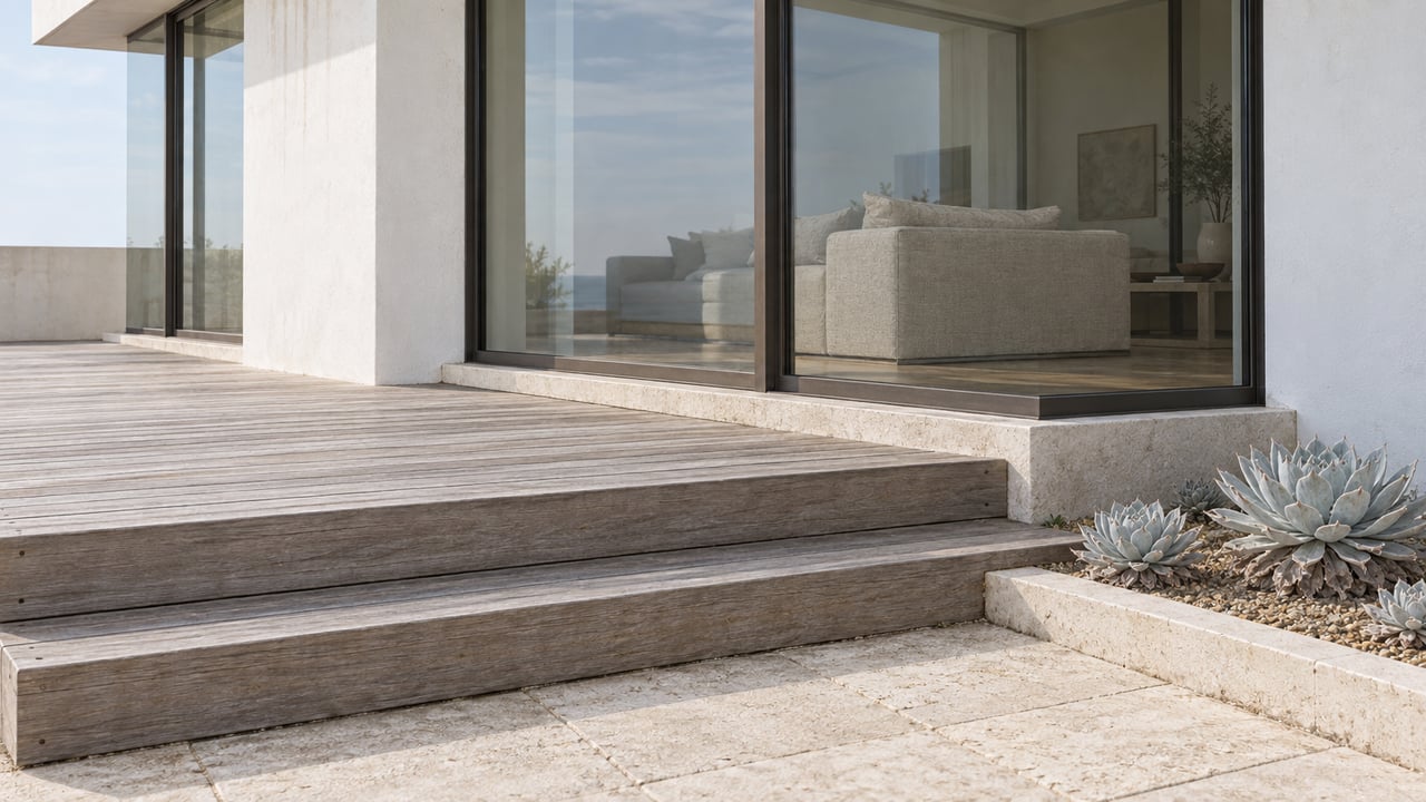 Weathered teak terrace steps meet pale limestone beside closed corner glazing and a white plaster facade, with three powdery succulent rosettes in a raised gravel bed.