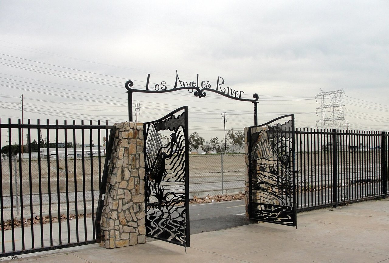Decorative Los Angeles River gate at Maywood Riverfront Park in February 2010