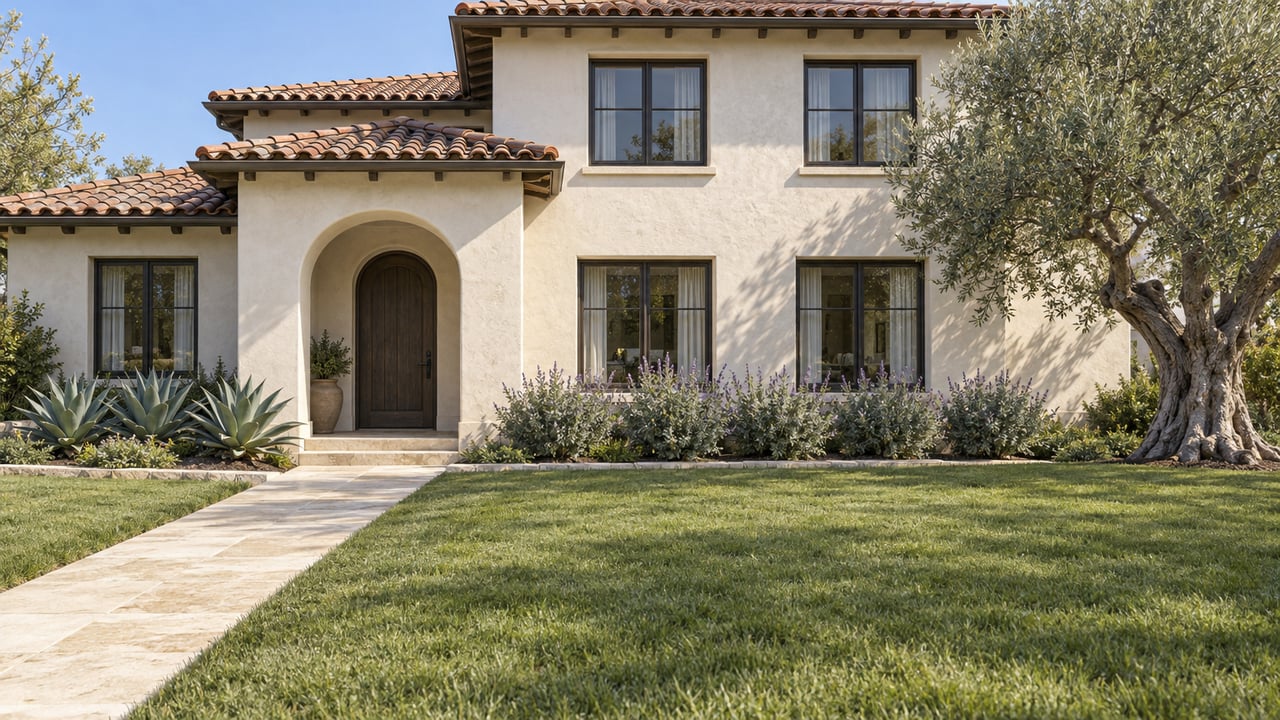 White stucco home with a terracotta roof, recessed oak entry, limestone approach, broad lawn and a sculptural olive tree.