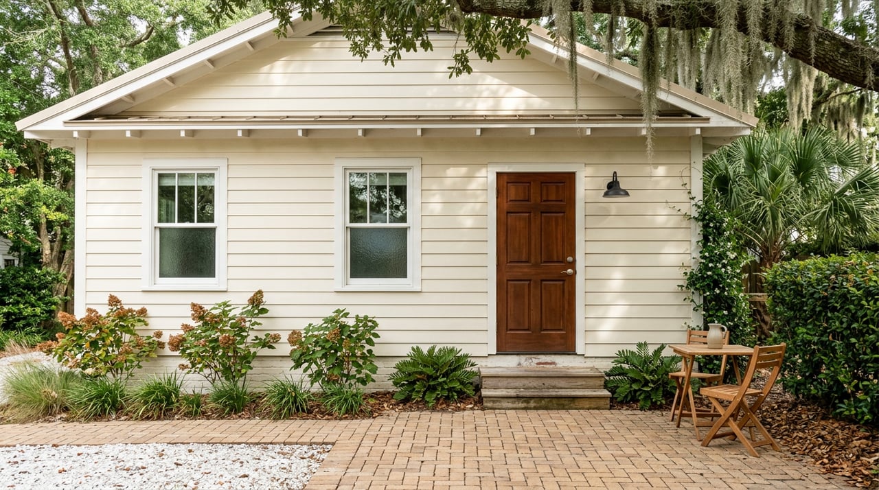 Cream cottage with a mahogany back door, brick patio, teak bistro set, and live-oak canopy draped with Spanish moss.