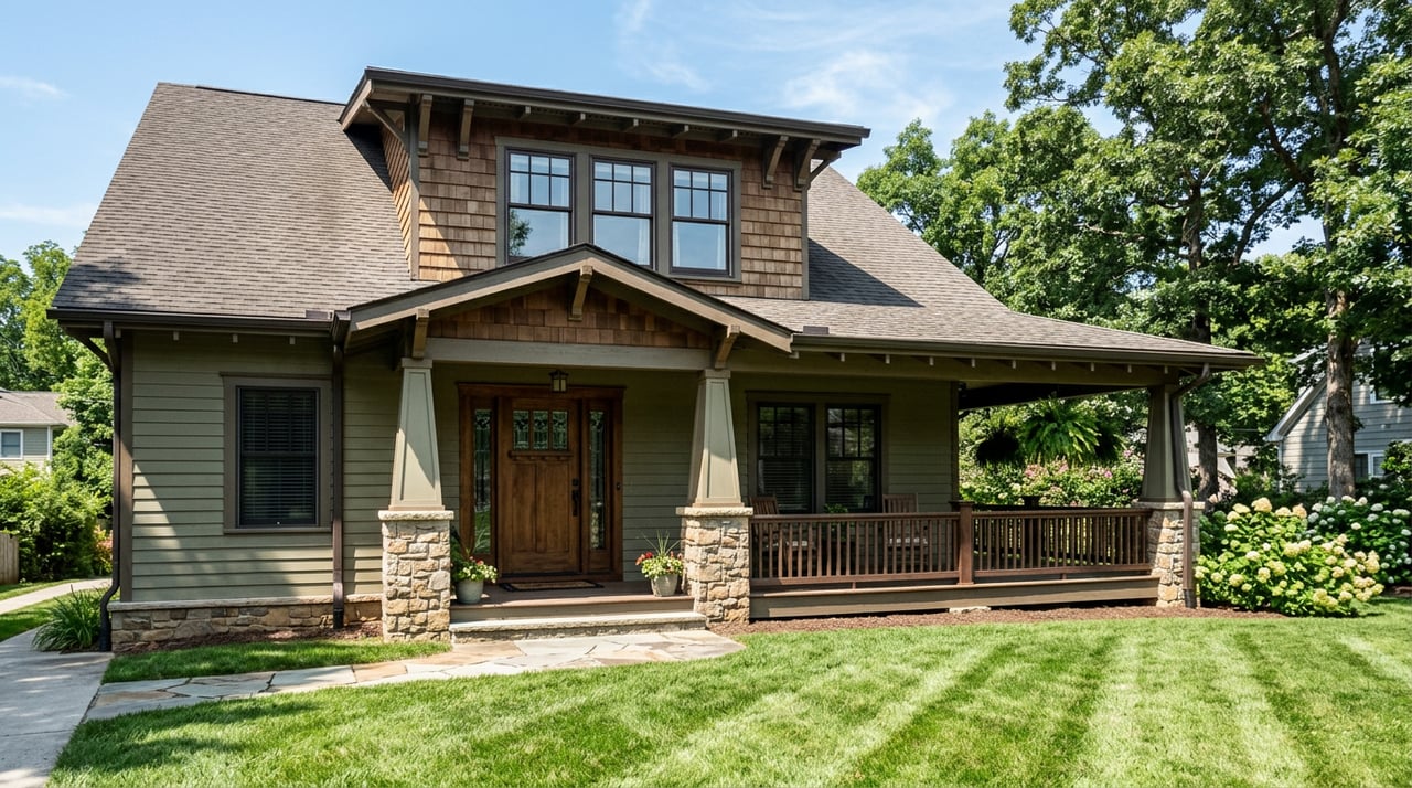 Two-story Craftsman home with a covered porch, burgundy Japanese maple, and stone garden wall.