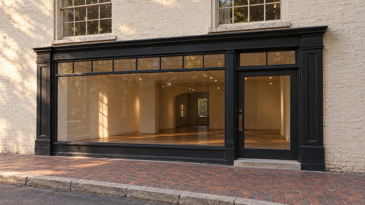 Historic cream-brick storefront with black-framed display window, glass entry door, and brick-paved sidewalk.