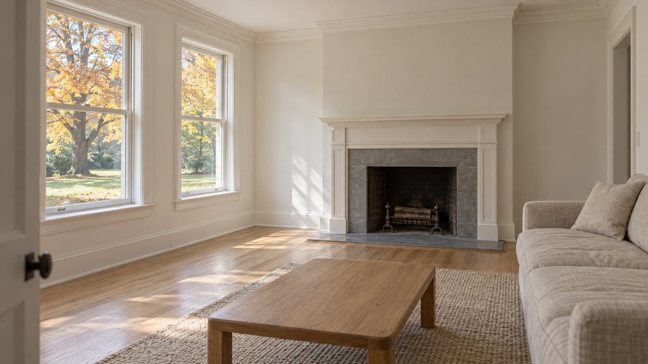 Bright living room with pale oak floors, an oatmeal linen sofa and a simple fireplace, with autumn foliage visible through tall windows.