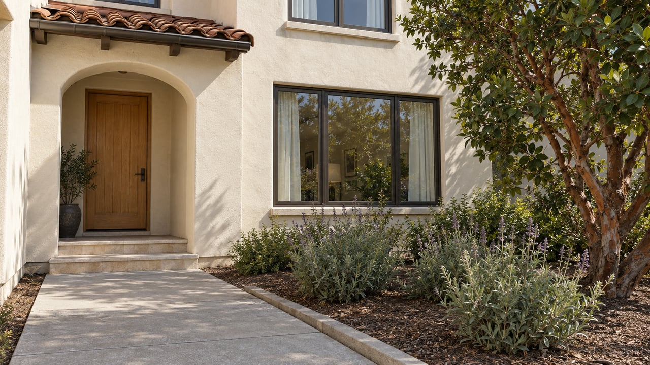 Ivory stucco home with a recessed oak entry, clay-tile eaves and a concrete approach beside a sculptural strawberry tree and sage.