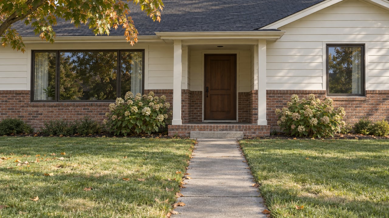 One-story brick and cream clapboard home with a recessed entry, concrete walk, and mature tree canopy.