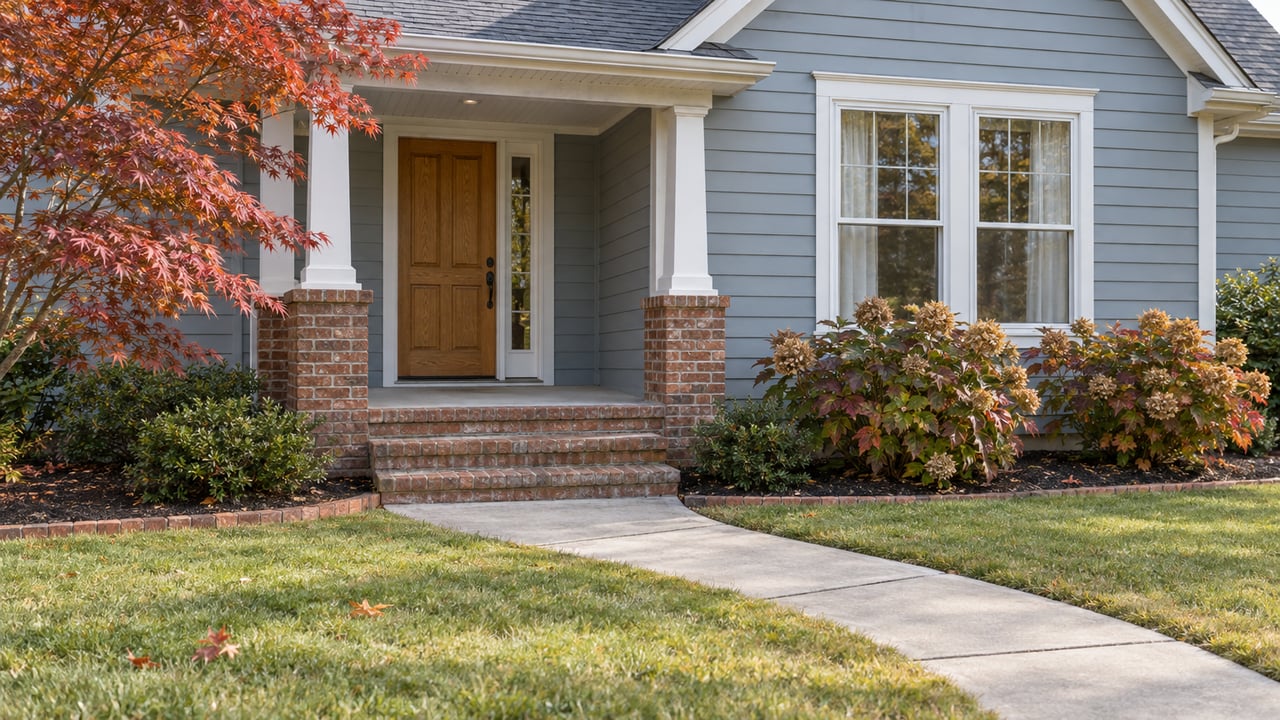 Autumn planting beside a blue-gray sided home with a brick porch, white trim and a curved concrete approach.