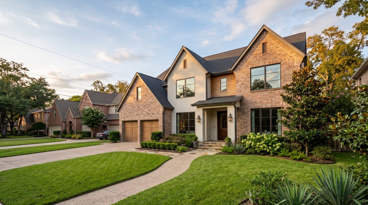 Two-story brick and stucco home with a two-car garage, landscaped garden, and curved front walkway.