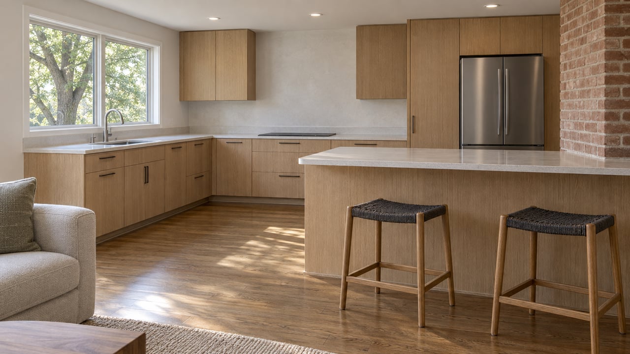 An updated ranch home's oak kitchen with a pale stone peninsula, two stools, and daylight through a closed window.