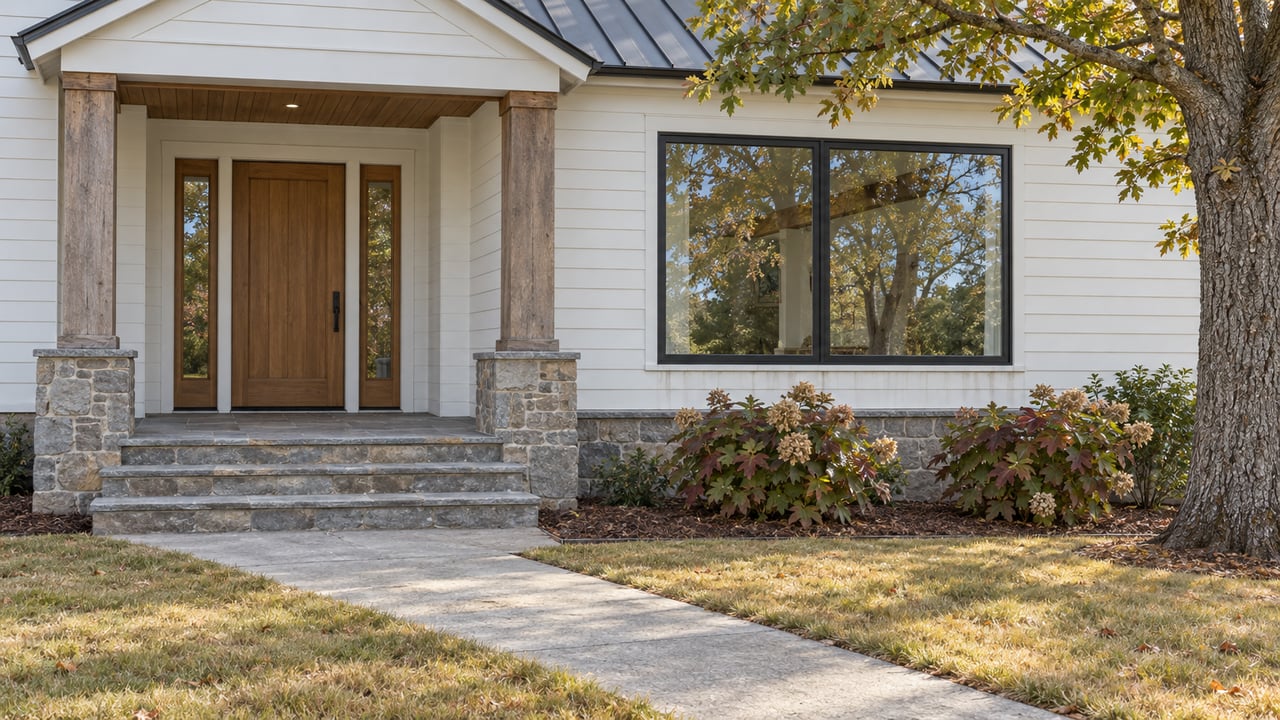White-sided home with an oak-post porch, gray stone steps and autumn planting beside a broad front lawn.