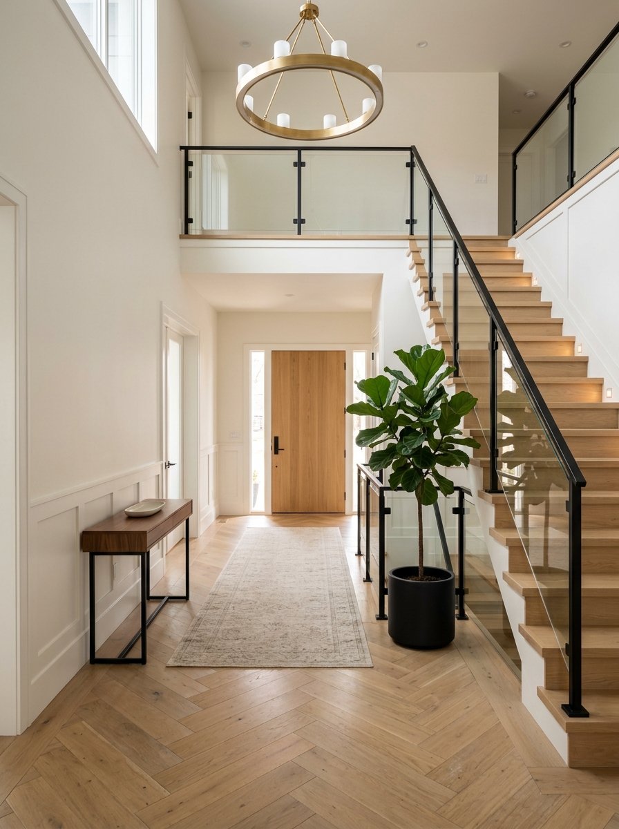 Double-height foyer with white oak herringbone floors, glass stair balustrade, brass chandelier, and specimen plant.