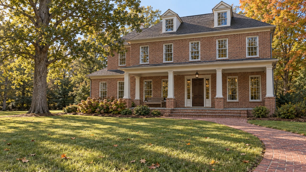 Brick home with a broad covered porch beyond a generous autumn lawn, framed by mature oak and maple trees.