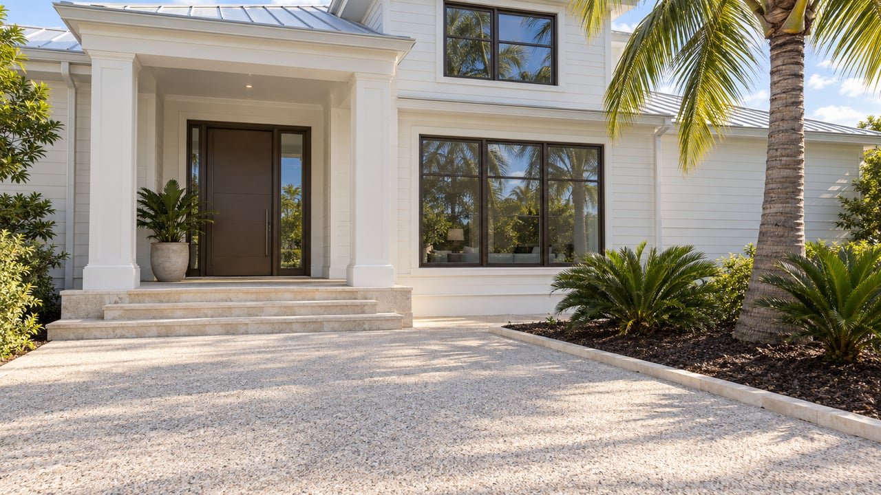 Detached cream-sided home with a recessed entry, three limestone steps, and a palm beside the paved approach.