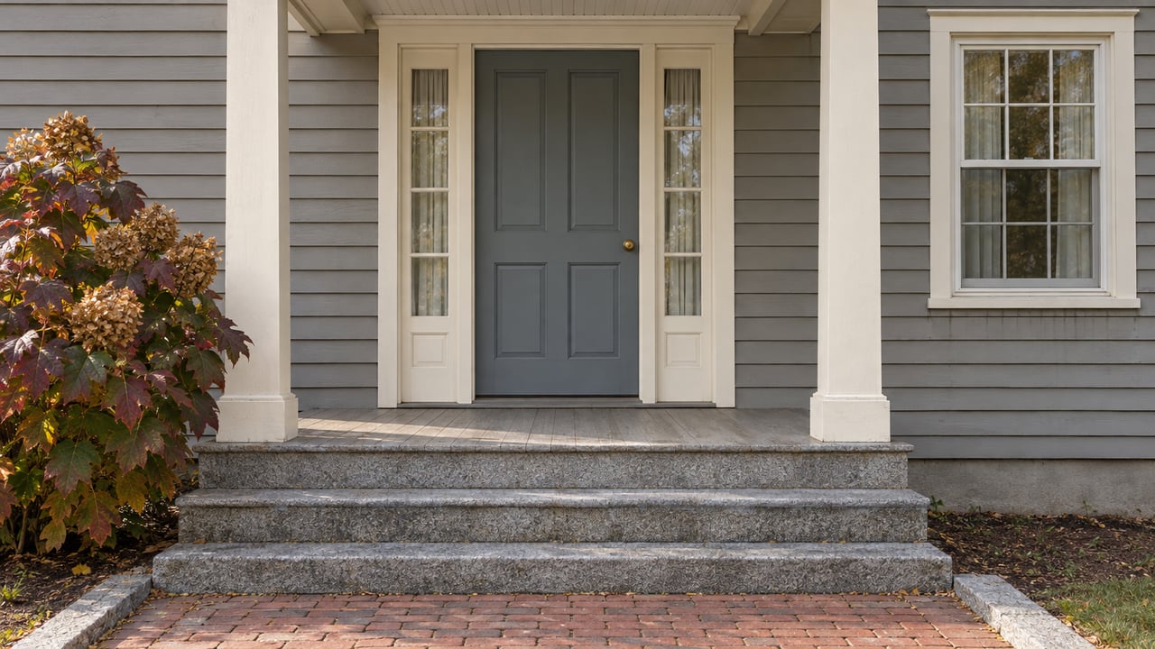 Gray clapboard home with a covered blue-gray front door, paired sidelights, granite steps and an oakleaf hydrangea in autumn color.