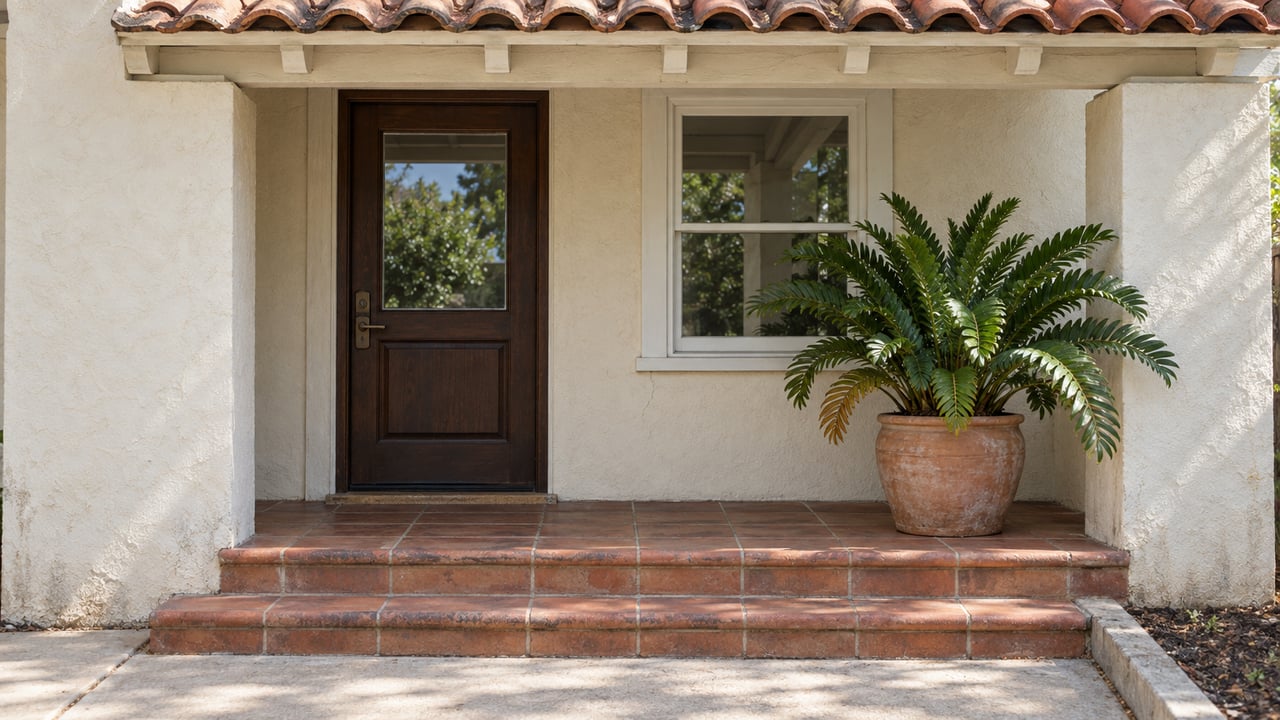 A compact stucco home's shaded entrance with a glazed timber door, worn terracotta steps and one potted coontie.
