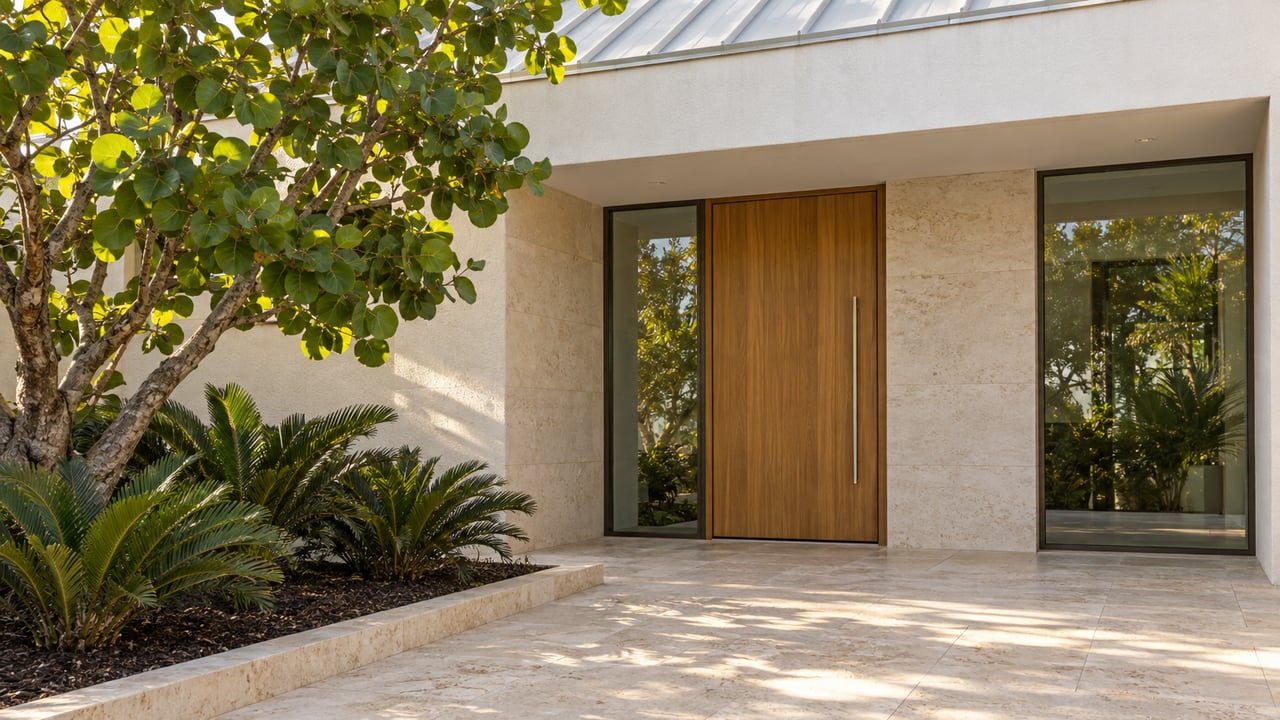 Sunlit white-stucco home entrance with a hardwood door, bronze-framed glass, limestone paving, and a sea grape tree beside a raised planting bed.