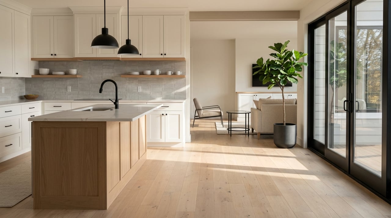 Open-plan kitchen and living area with warm wood, black metal accents, and late-afternoon window light.