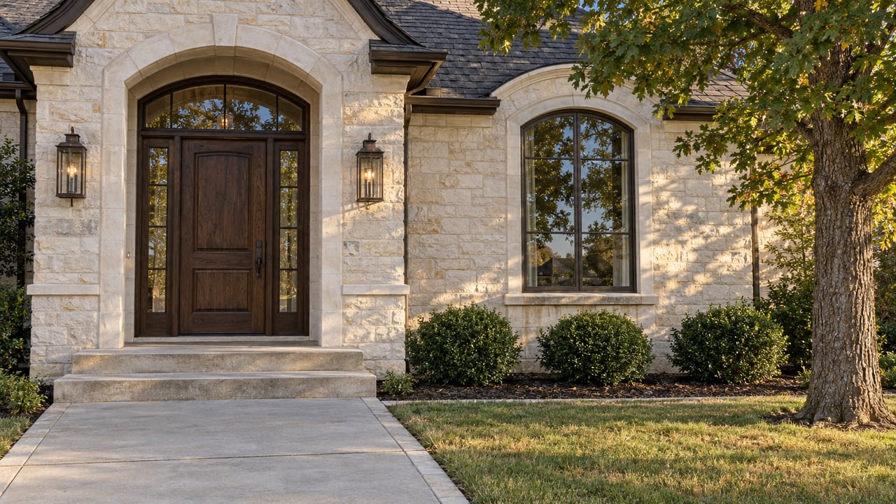 Cream limestone home entry with a dark wood door, tall arched window, broad stone steps and an oak beside the lawn.