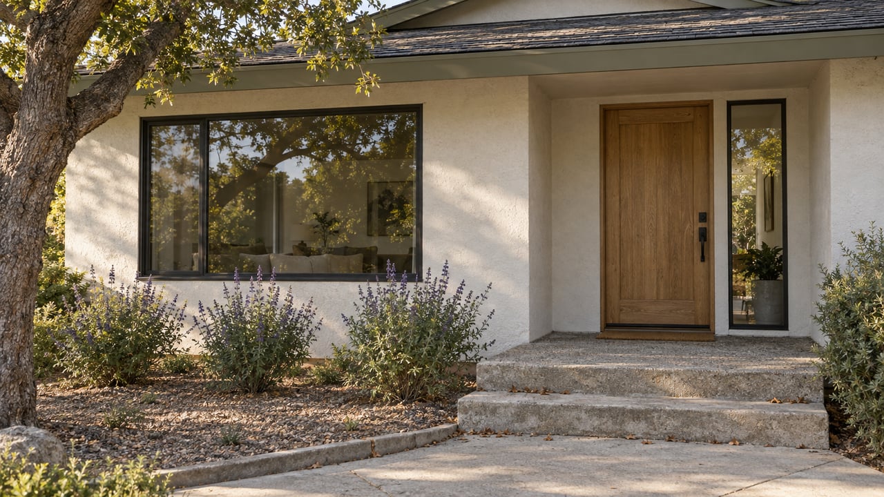 Off-white stucco home with a recessed oak door, concrete steps, and an oak tree at the edge.