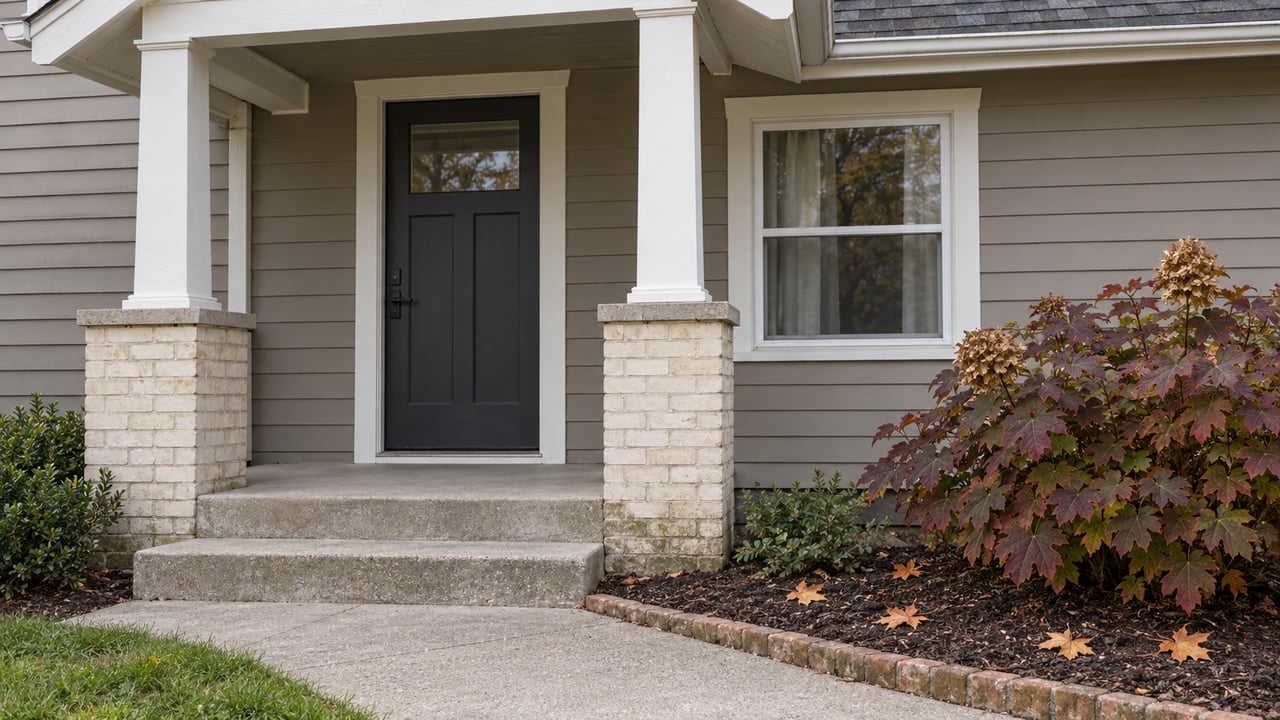 Cream-brick and taupe-sided home entry with a dark door, worn concrete steps and burgundy oakleaf hydrangea foliage.