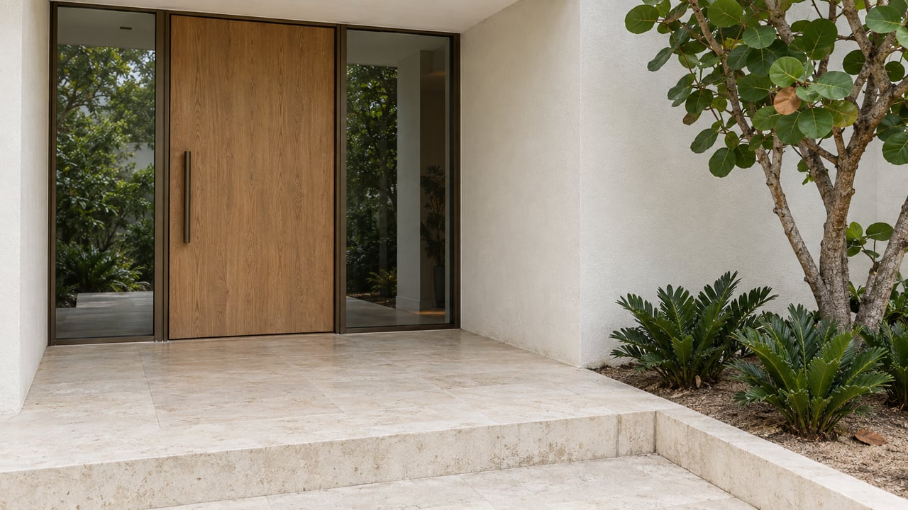 Sheltered white-stucco home entrance with an oak door, bronze-framed sidelight, limestone steps and sea grape planting.