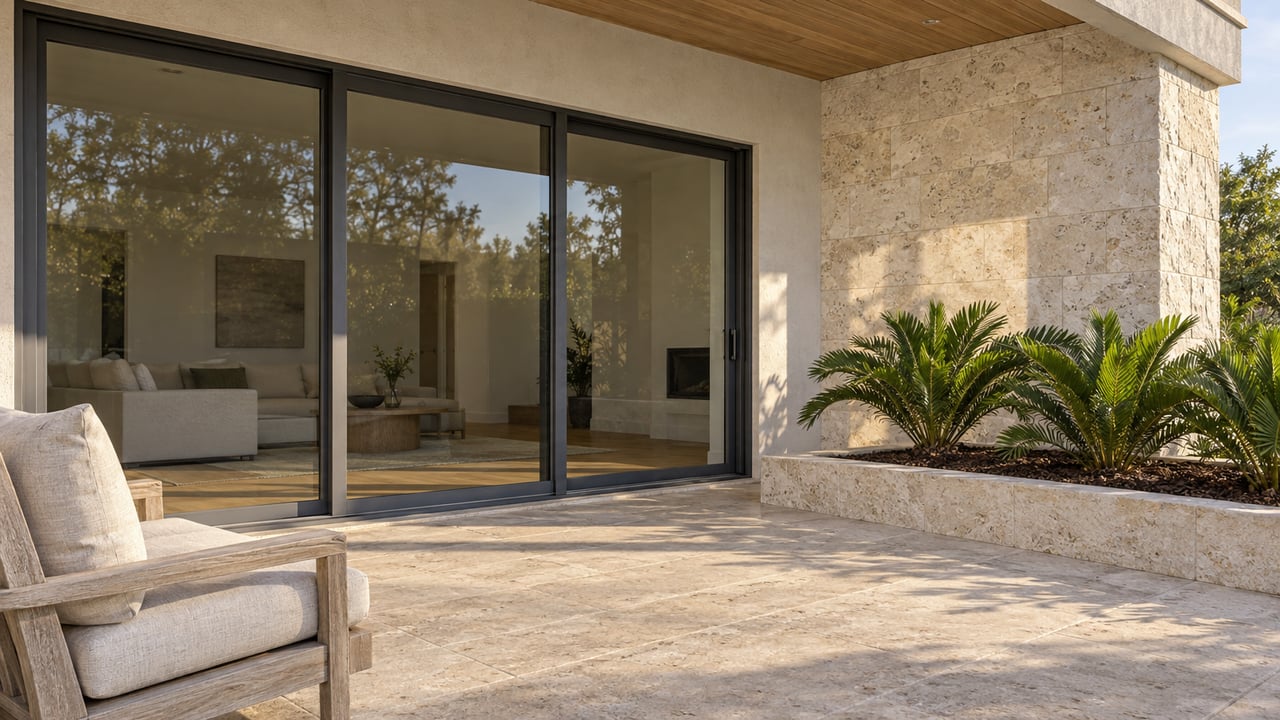 Covered terrace with limestone paving, weathered teak seating, ivory stucco and closed sliding glass doors beside a raised coontie planting bed.