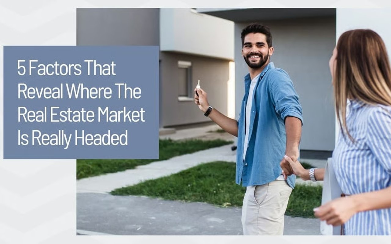 Real estate market blog graphic: a man holds up a house key beside a woman in front of a modern home.
