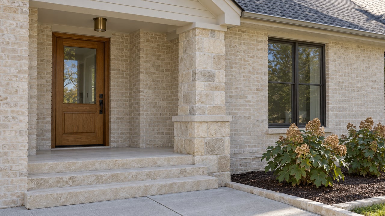 Home entrance with a dark wood door, pale stone façade, broad steps, and landscaped shrubs.