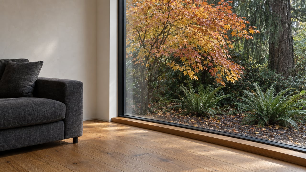 Oak-floored living room with a charcoal sofa beside a black-framed window overlooking autumn trees.