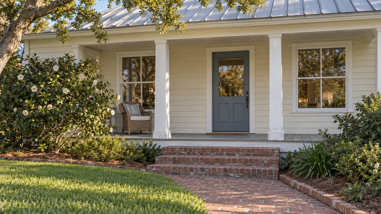 Cream-sided cottage with a silver metal roof, blue front door, covered porch and brick garden approach in afternoon light.