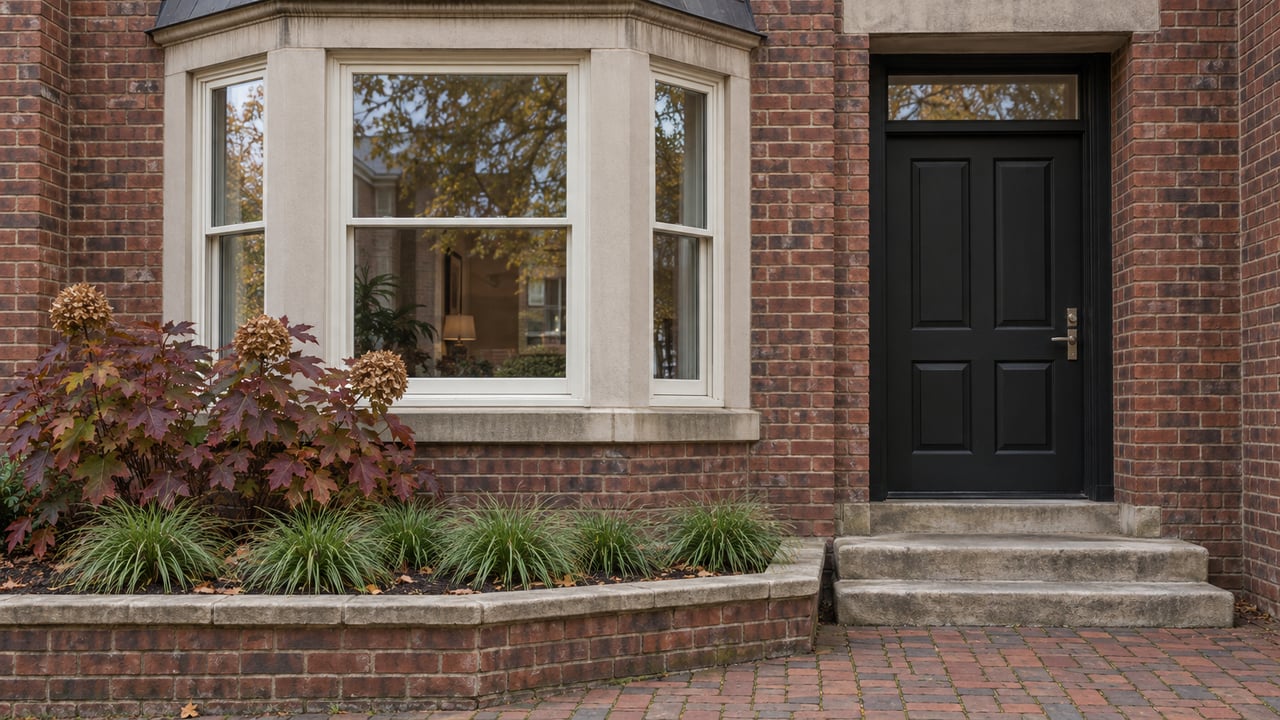 Red-brick home with a timber bay window, recessed black door, worn limestone steps, and an autumn planting bed.