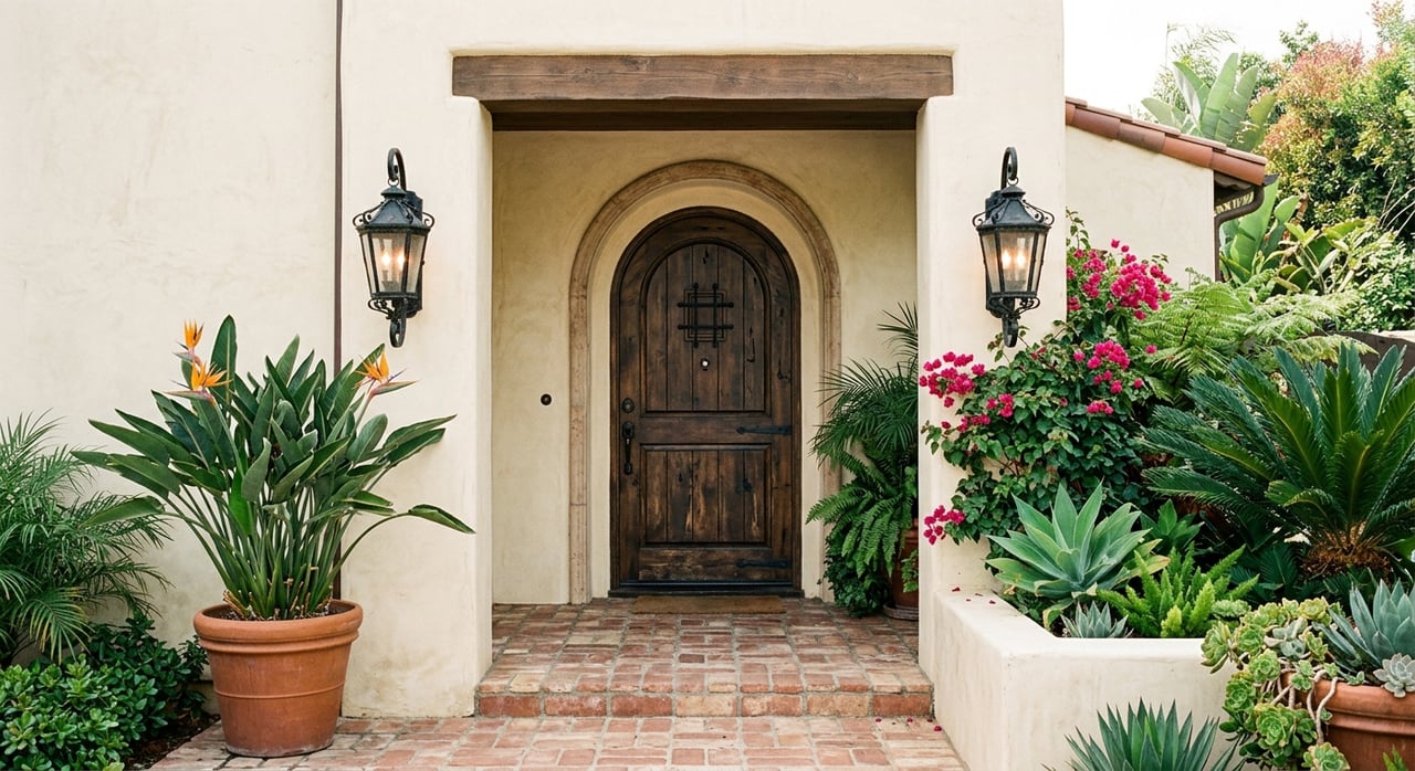 Warm-white stucco entry arch frames a dark wood door, with brick pavers, black lanterns, and tropical plants.