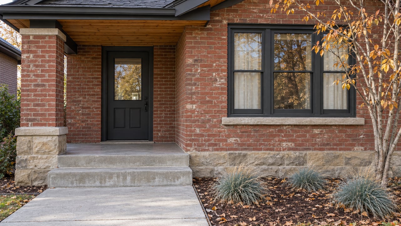 Warm brick bungalow entry with a wood-lined porch, charcoal door, sandstone foundation and copper-yellow serviceberry leaves.