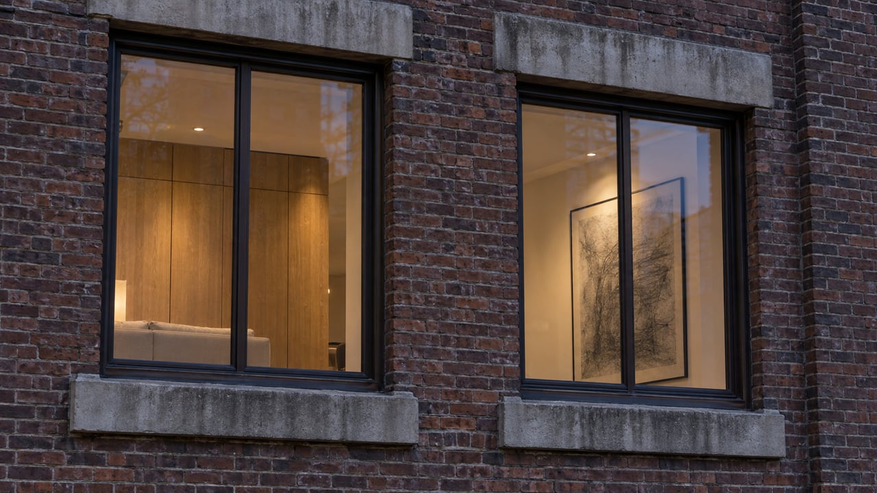 Two warmly illuminated loft windows set into weathered red-brown brick with pale stone lintels and sills at blue hour.