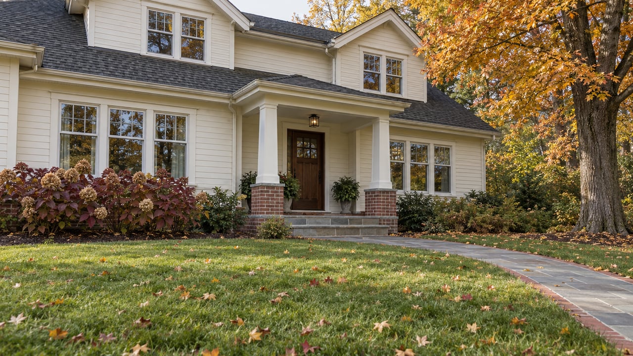 An ivory clapboard home with a covered entry, brick foundation and bluestone walk behind a broad autumn lawn and amber maple.
