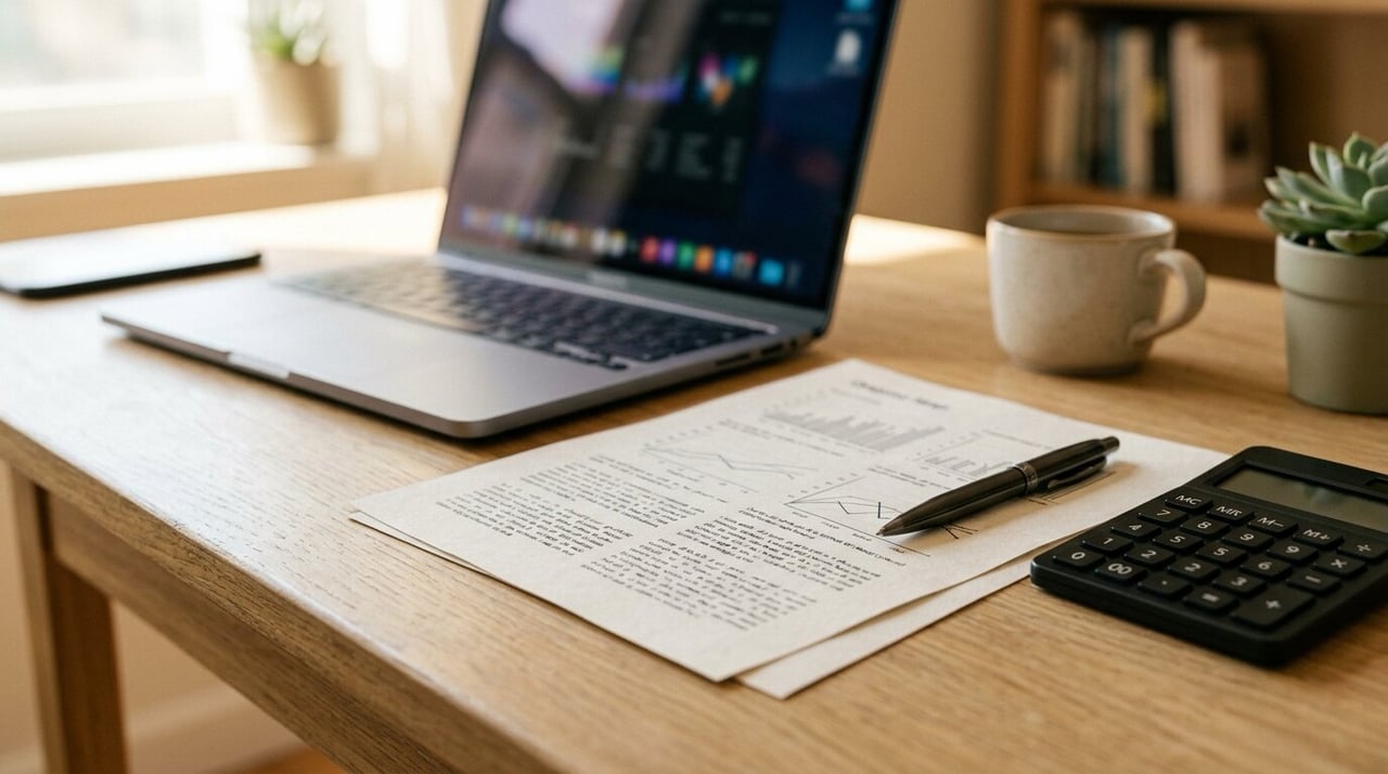 Laptop, printed loan estimate, calculator and pen on a desk, credit score and mortgage planning in Texas