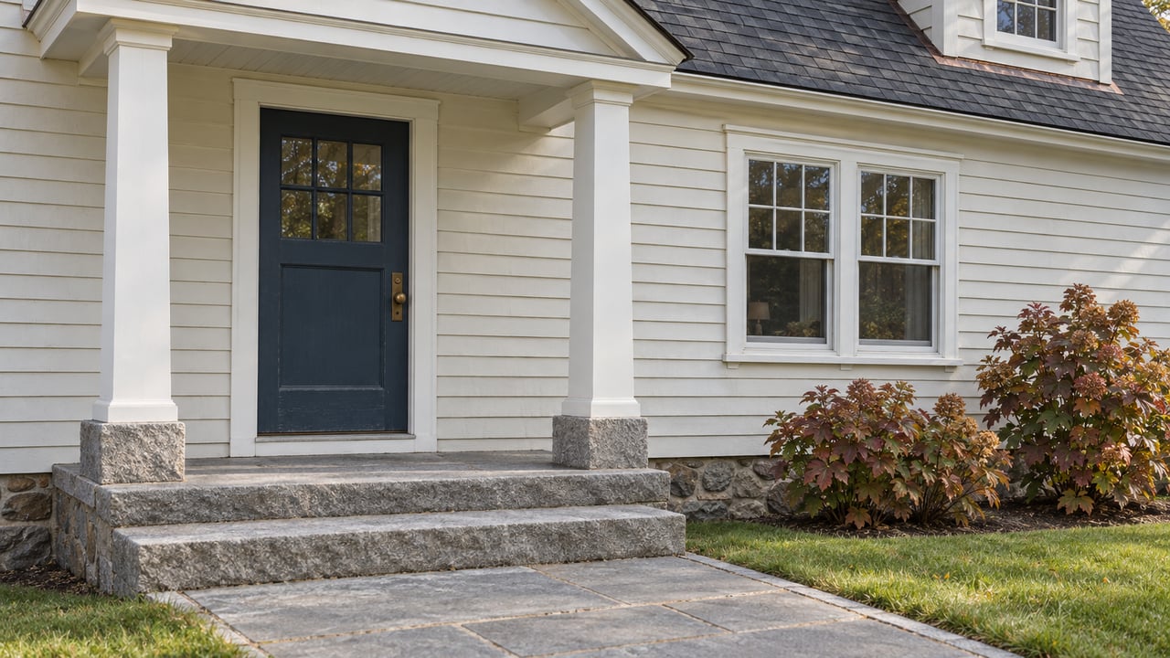 An older clapboard house with a blue front door, granite porch steps, paired sash windows and autumn oakleaf hydrangeas.