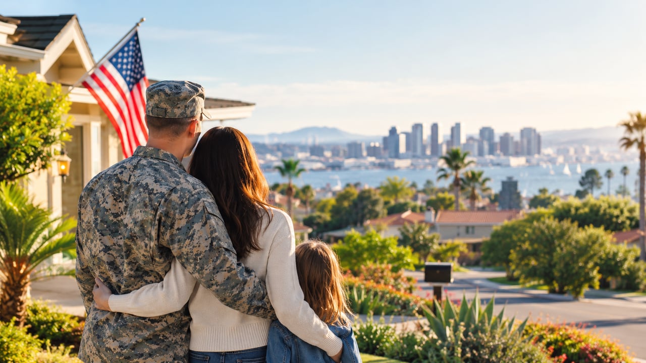 A military family embraces while looking toward a coastal city skyline.