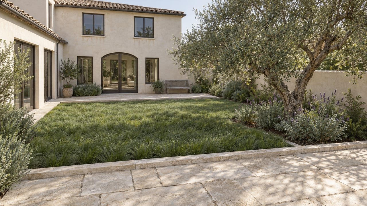 Elevated view across a private garden toward an ivory plaster residence with clay roof tiles, bronze-framed glazing, limestone terraces and one mature olive tree.