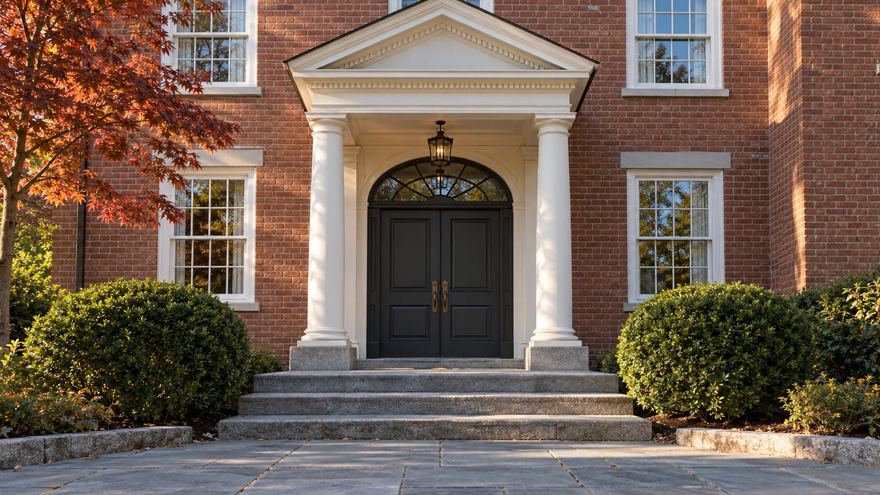 Red-brick home entrance with white columns, paired dark doors, broad stone steps and clipped boxwood in afternoon light.