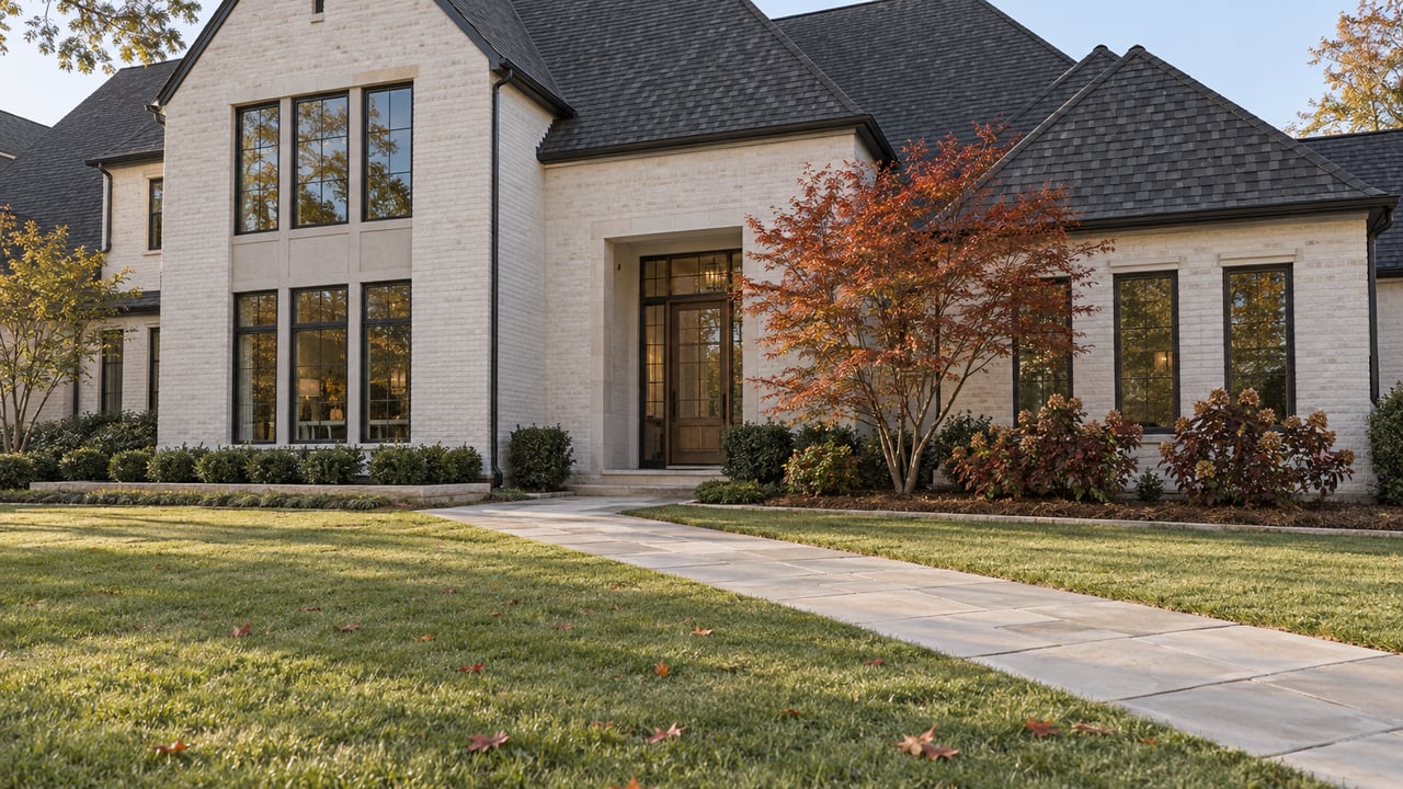 Light brick residence with dark window frames, a limestone approach, broad lawn, and a red-orange Japanese maple in morning light.